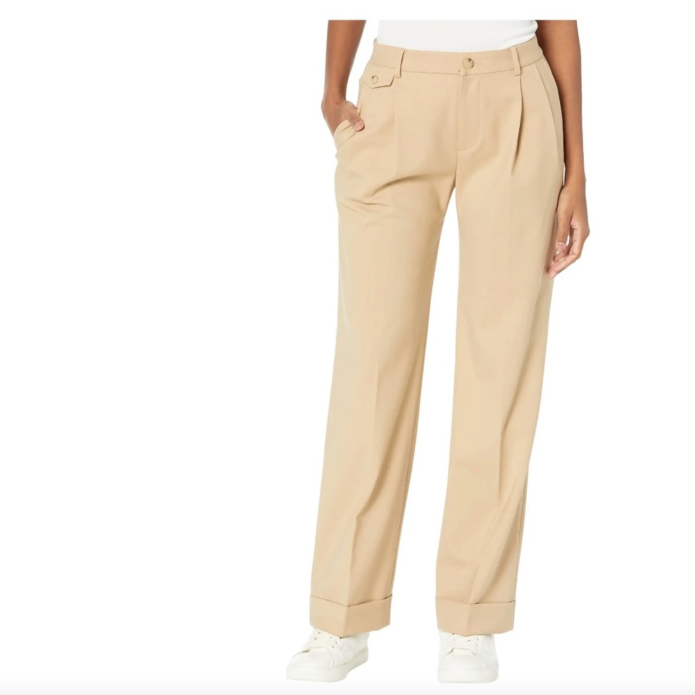 Ralph Lauren LRL Tan Pleated Wool Blend Straight Wide Leg Cuff Twill Pants 8 NEW